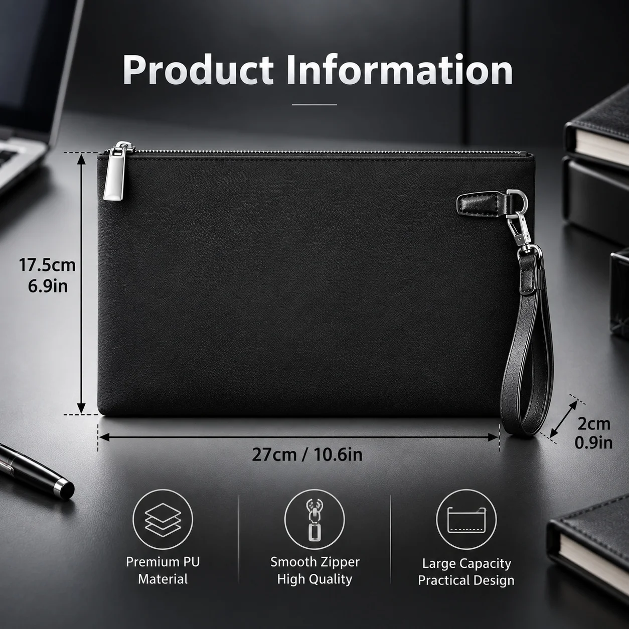 Herren-Clutch aus Kunstleder, große Handtasche mit Reißverschluss und abnehmbarem Trageriemen, geeignet für Geschäftsreisen, zum Aufbewahren von Telefon und Dokumenten. – Detail 6