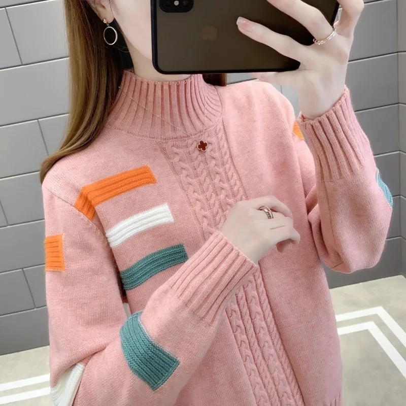 Autumn Winter Women Sweater Pullovers 2023 New Patchwork Half High Collar Knitted Sweater Jumper Casual Female Bottoming Tops