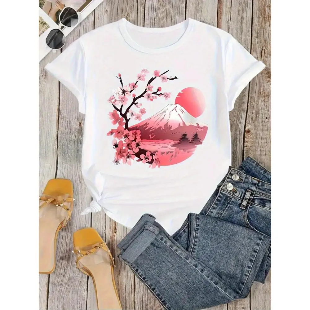 Japanese Sakura Fuji Mountain Print T Shirt Y2K Harajuku Streetwear Anime Event Convention Pink White Black Color Japanese