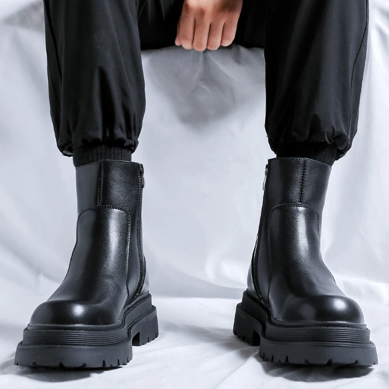Hight Quality a/w New Street Style Leather Chelsea Boots For Men's Black Hombre Daily Casual Dress Height Increasing Shoes