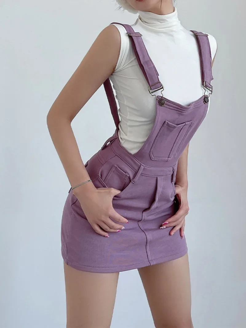 

American Adjustable Knitted Strap Mini Dress Denim Women Slim Strap Dresses High Waist Purple Sweet Summer