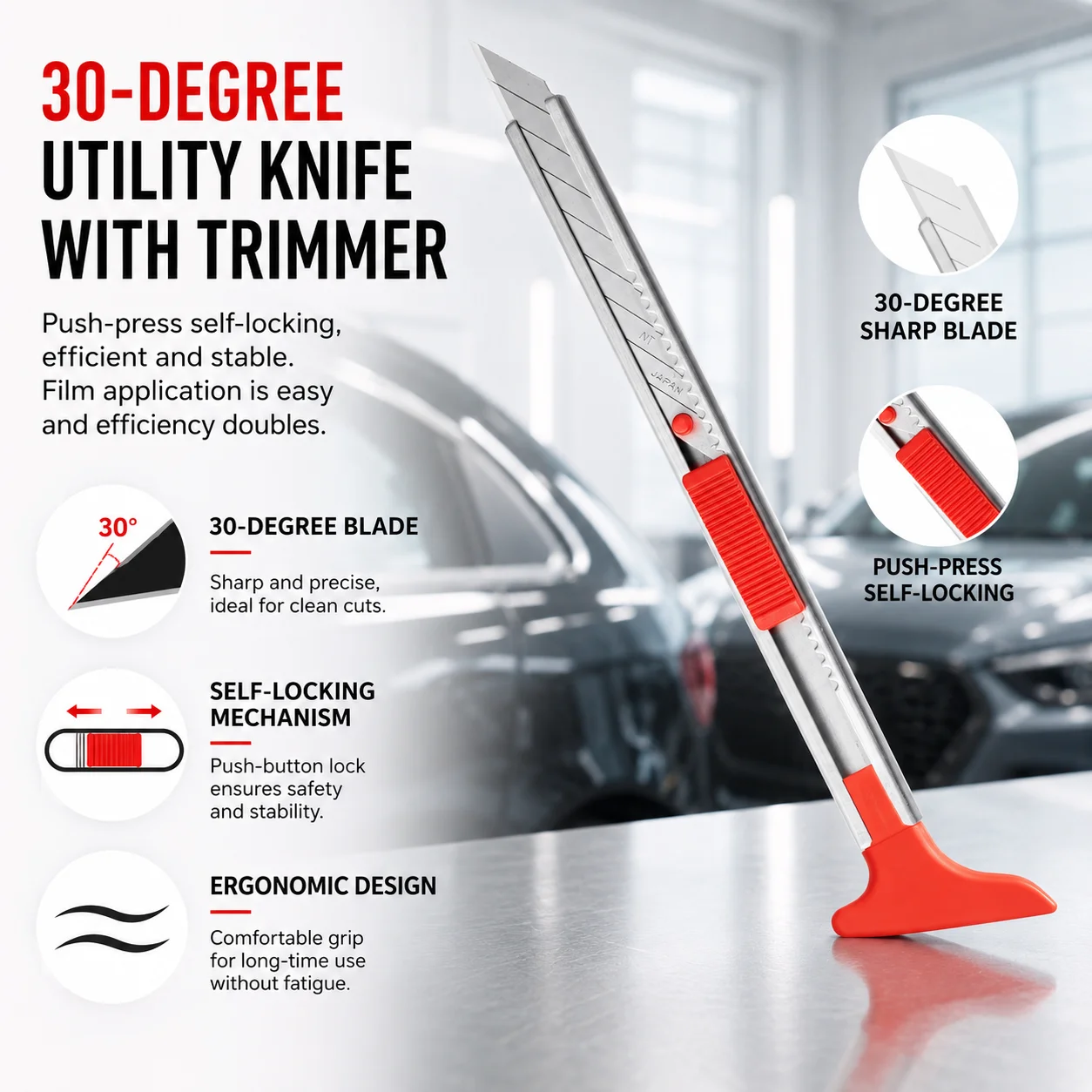30° Stainless Steel Utility Knife with Micro Squeegee for Vinyl Wrap Window Tint Precision Cutting Car Film Installation Tool
