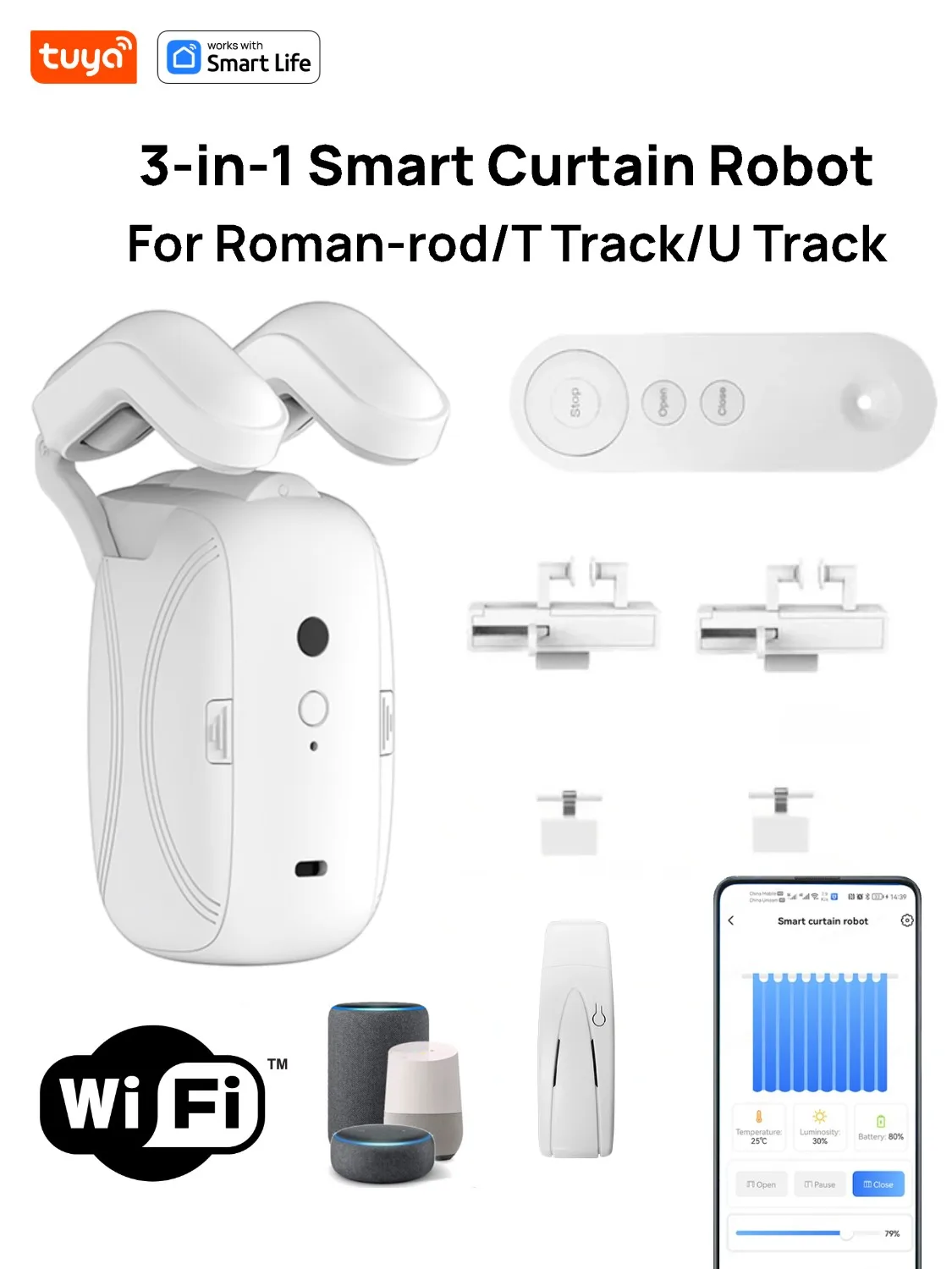 Tuya Smart Curtain Robot Gordijnmotor 3-in-1 Tuya APP / Afstandsbediening Tijdschakelaar, Pull-to-start voor Romeinse T U-sporen - afbeelding 2