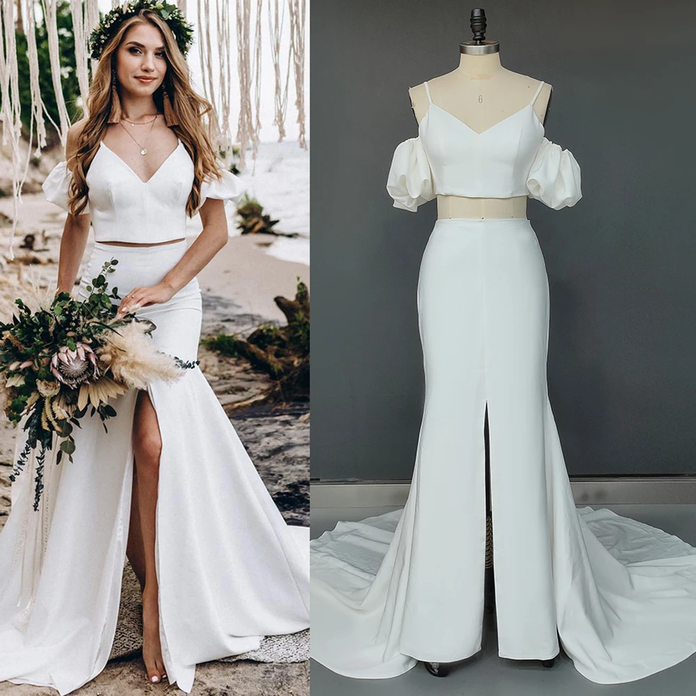 Simple Crop Top Satin Crepe Sheath Wedding Separate Dress Removable Sleeves Spaghtti Straps High Split CustomizedBridal Gown