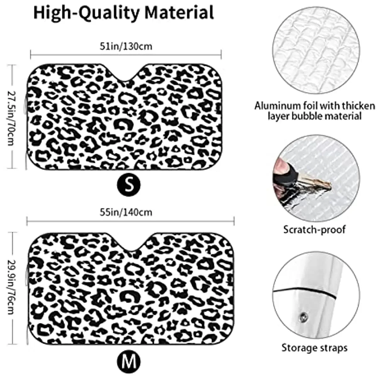 JISMUCI Car Windshield Sunshade,Leopard Pattern Texture Monochrome Black White Snow Cheetah,Auto Front Window Sun Shade Reflecti