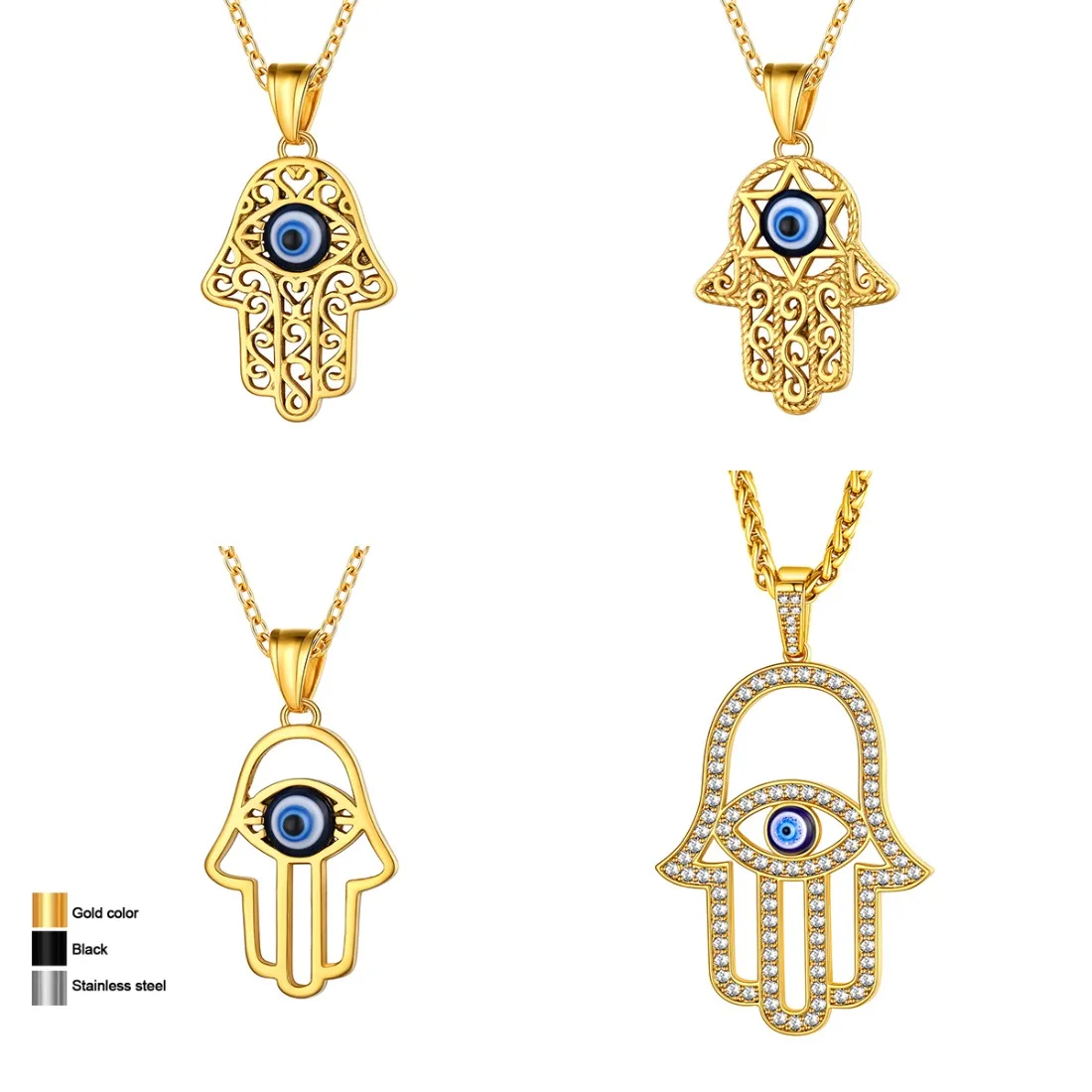 

U7 Stainless Steel Blue Black Evil Eye Hamsa Hand Pendant Necklaces for Man Woman White CZ Protection Amulet Unisex Jewelry QC25