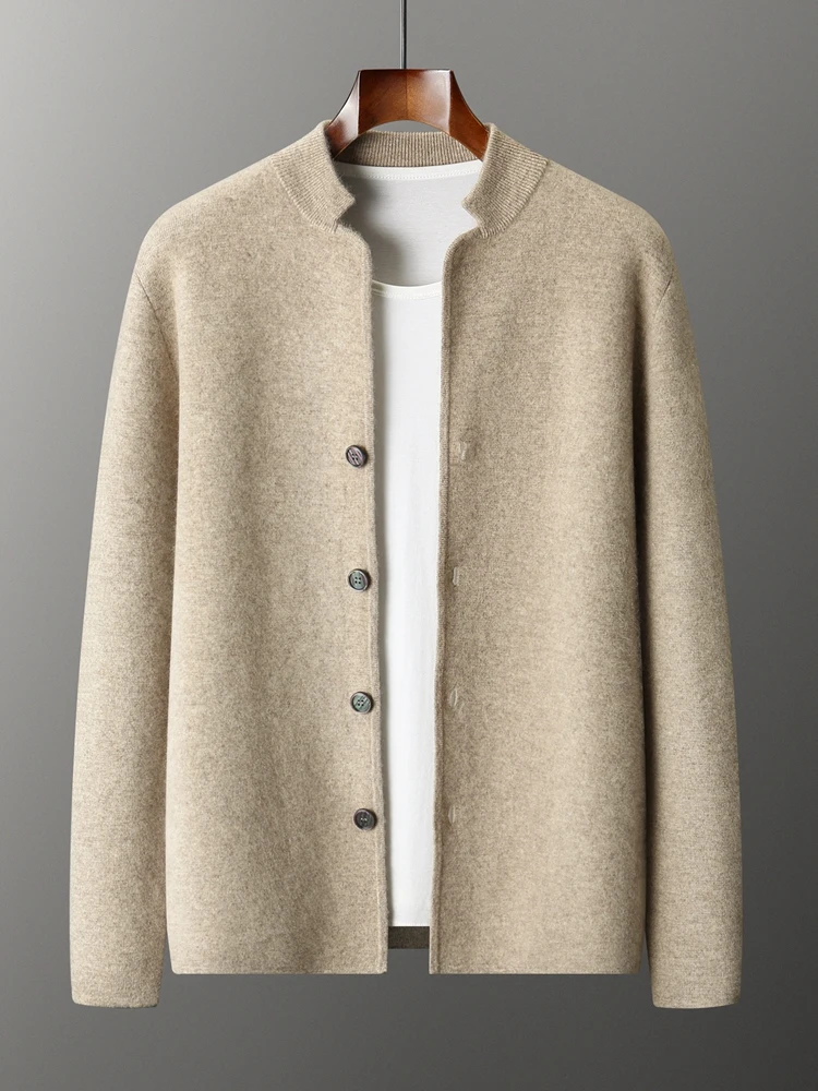 New Men's Warm Soft Thick Standing Collar Cardigan Sweater 100% Cashmere Autumn Winter Comfort Clothing Tops Luxury Style