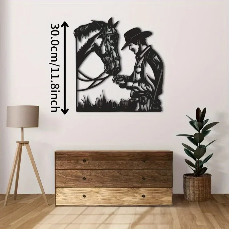 1pc Hand-Forged Western Cowboy & Horse Wall Art - Bronco Contour Metal Decor with Turquoise Inlay Accent, Rustic Geometric