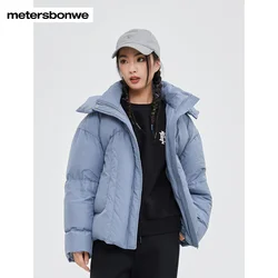 Metersbonwe-Casaco monocromático com capuz feminino, 90% para baixo de pato, solto, curto, quente, alta qualidade, inverno, novo