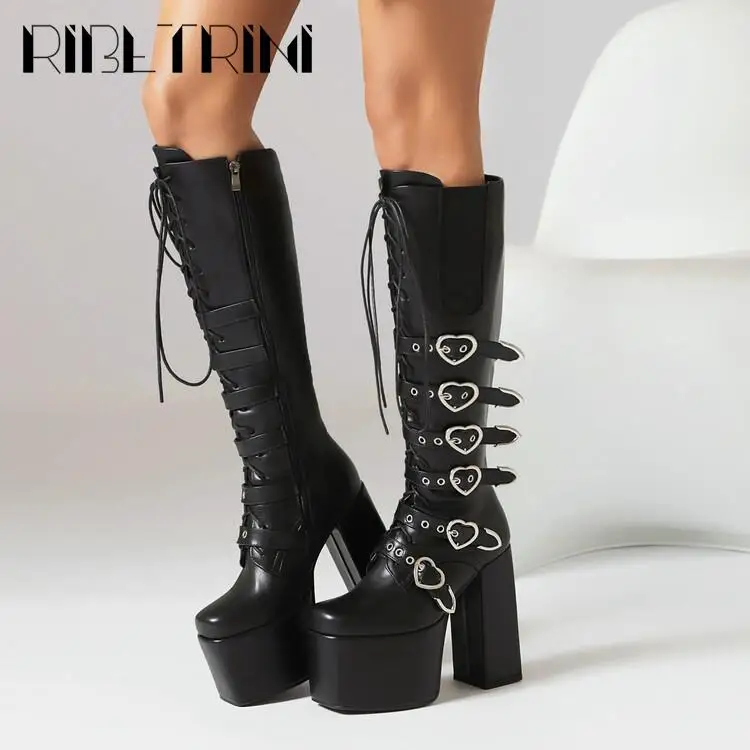 New Punk Goth Women Motorcycle Boots High Heeled Knee High Platform Shoes Heart Buckle Lace Up Luxury Trendy Winter Street Boots