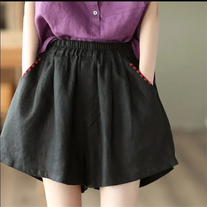 

Хлопковые шорты для женщин, брюки с художественной вышивкой, в стиле ретро, этнические, с эластичной талией, свободные, летняя одежда, широкие шорты-брюки