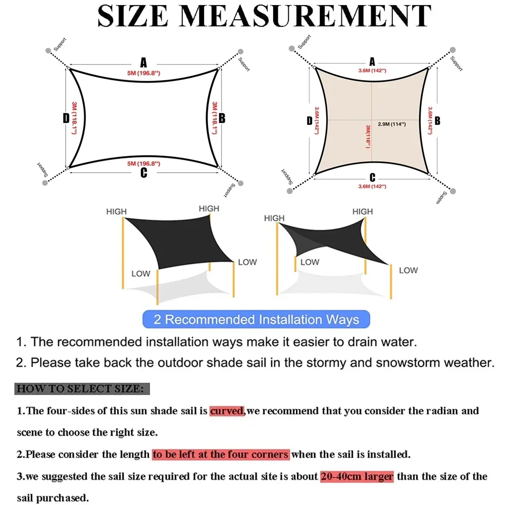 98% Block Shade Sails with Hardware Kit Waterproof Canopy Rectangle Awning Outdoor Patio Garden Shelter Shade Cloth