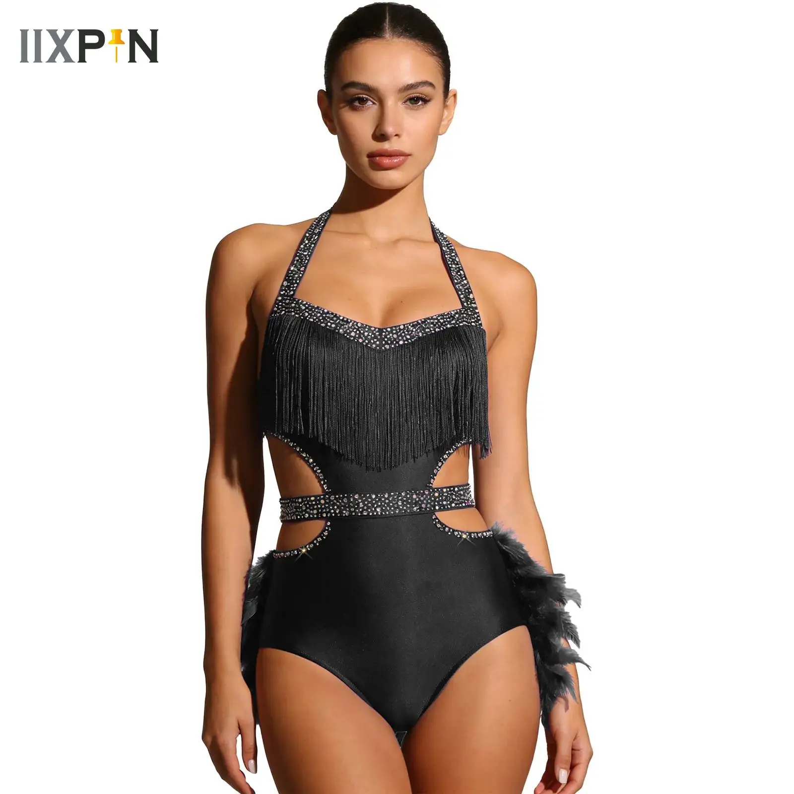 

New Feather Latin Dance Dress Womens Sleeveless Cutout Leotard Dresses For Dancing Sparkly Ballet Skating Performance Costume