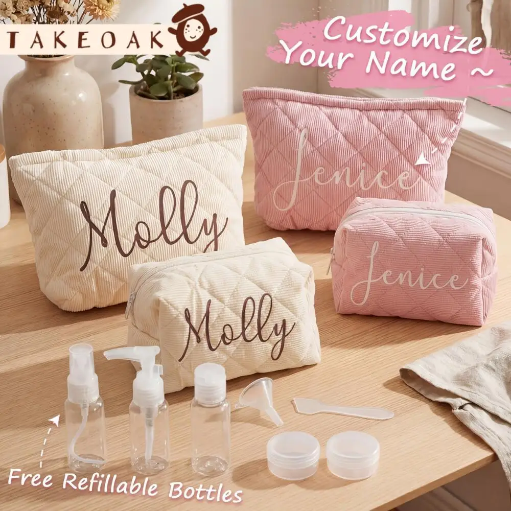Custom Name Quilt Corduroy Cosmetic Bag Makeup Bag Portable Travel Toiletry Organizer with Free Refill Container Set 9-Piece Set