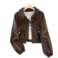 Short Leather Jacket Women's New Loose Baseball Coats Motorcycle Jackets Outwear Fashion Black Brown Leather Coat Female