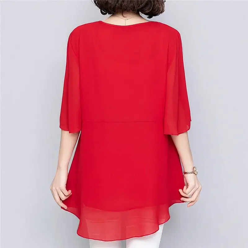Summer Korean Fashion Patchwork Solid Color O-neck Short Sleeve Chiffon Blouse Ladies Casual Ruffles Pullover Loose Women Shirts