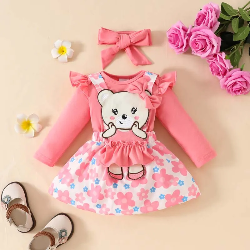 

3Pcs Set Baby Clothes Infant Girl Outfits 0-18Months Pink Long Sleeve Bodysuit Cute Bear Bow Flower Back Dress Hairband Romperbo