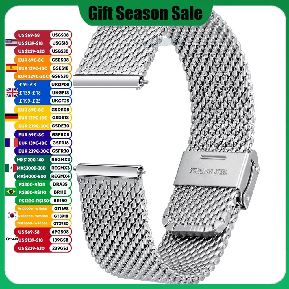 Watch Band Stainless Steel Metal Mesh Quick Release Strap Milanese Bracelet for Replacement Easy Resize Watch Clasp Waterpoof