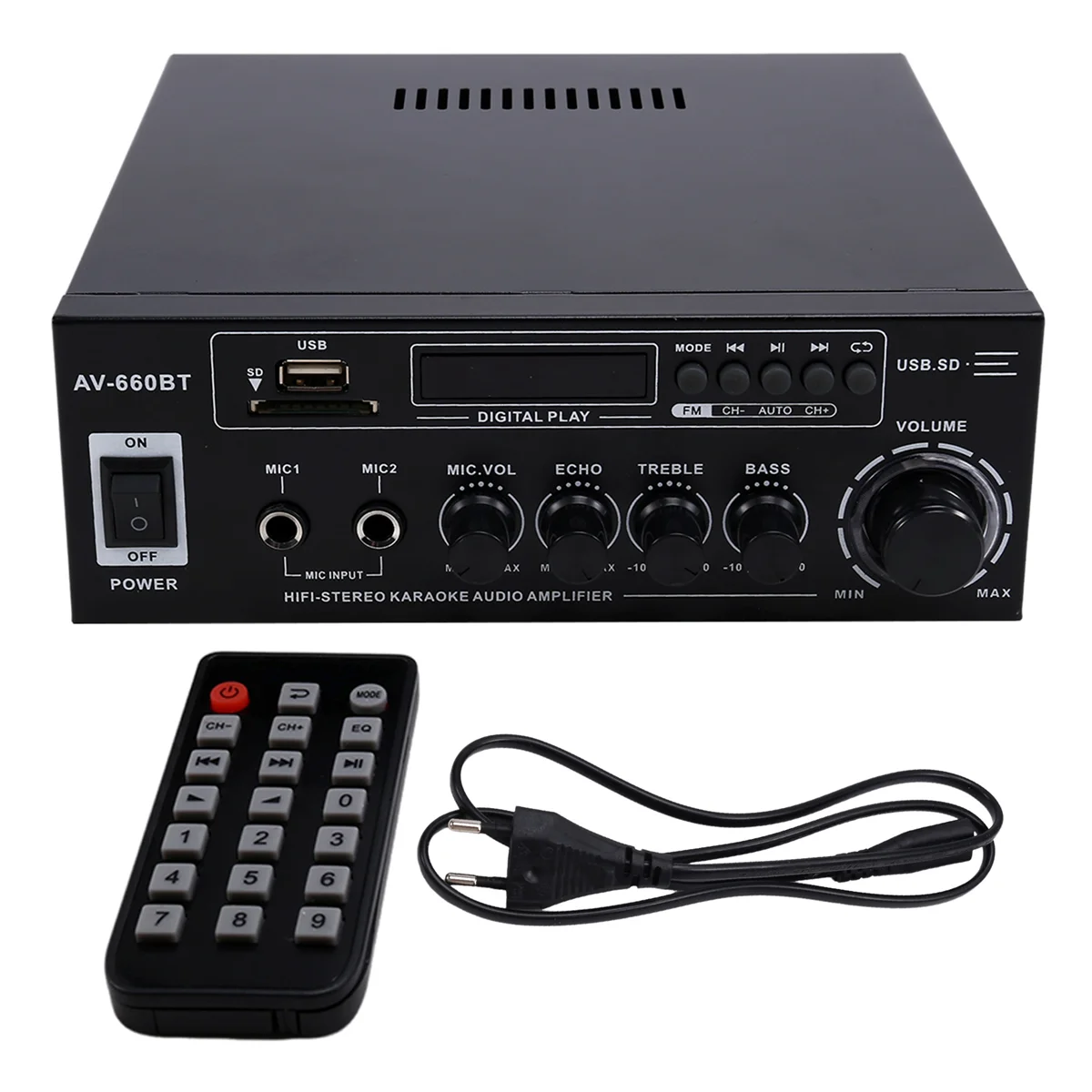 AV-660BT Bluetooth Sound Amplifier - Power Amplifier Support Bluetooth, FM Radio, USB, SD Card & Dual Mic Inputs EU PLUG