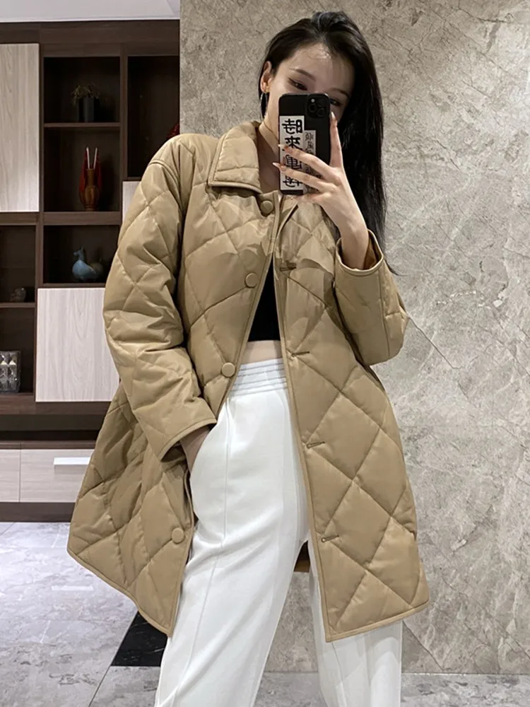 Winter Women Warm Real Sheepskin White Goose Down Jacket Mid Long Loose Rhombus Genuine Leather Coat Single Breasted Overcoat