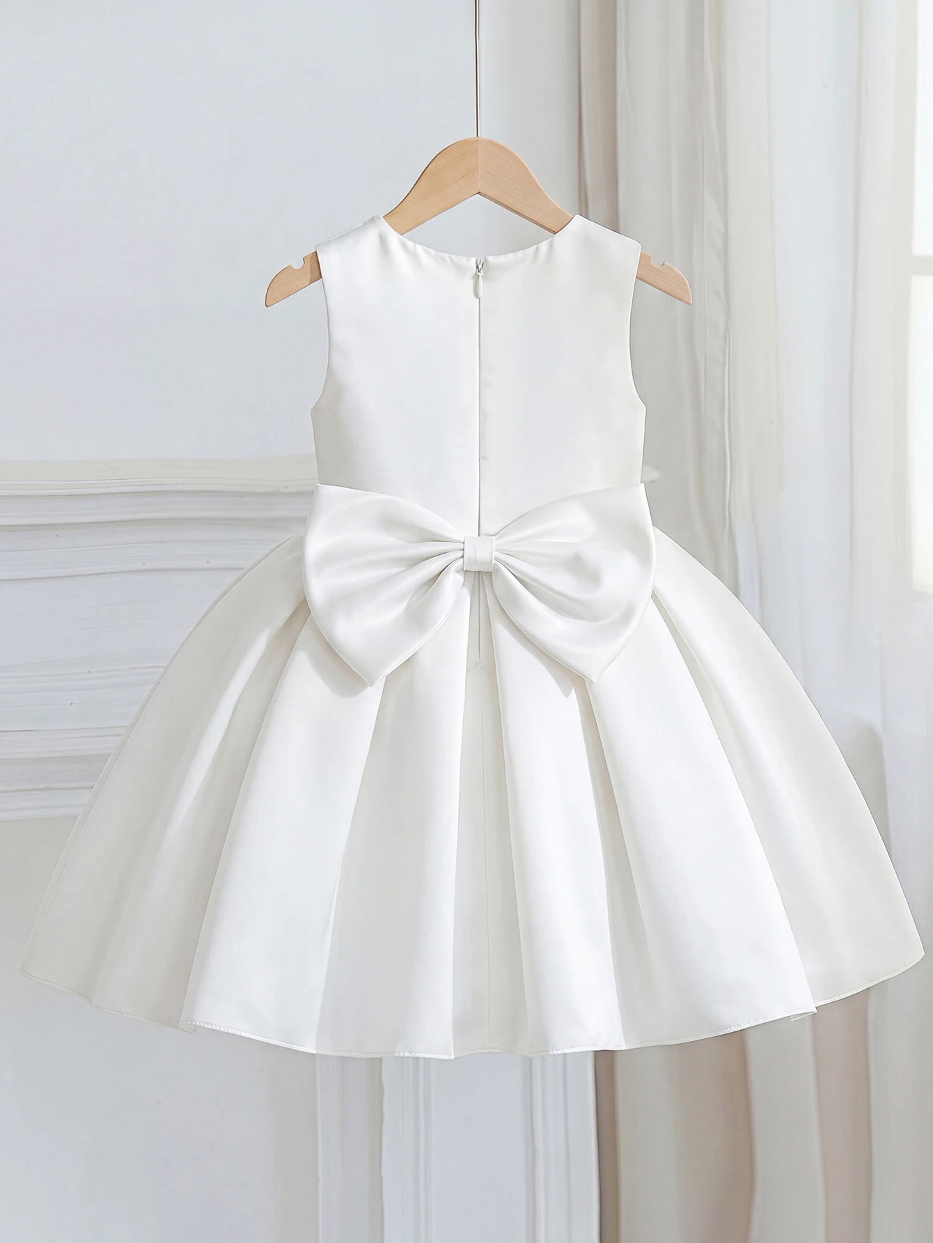 Girls White Satin Look Flower Girl Dress Pearl Neck Ruched Front Bow Sleeveless A Line Gown For Wedding Communion Birthday Party