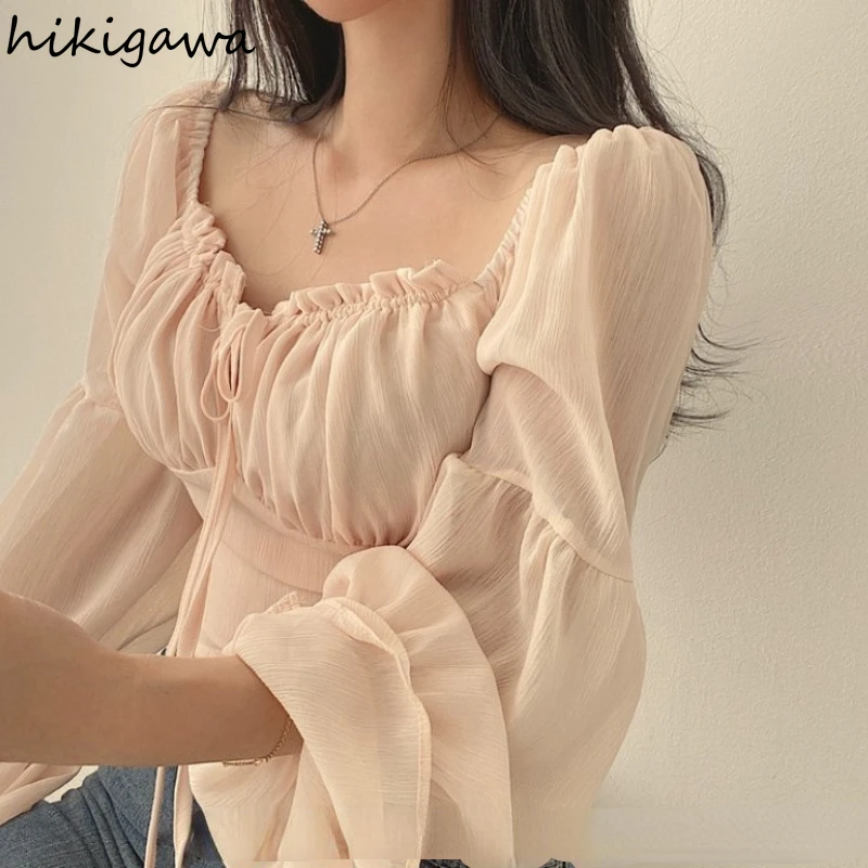 Chic Blouse Women\'s Clothing Flare Sleeve Square Collar Bandage Crop Tops 2024 Camisas De Mujer Sweet Ruffles Folds Summer Shirt