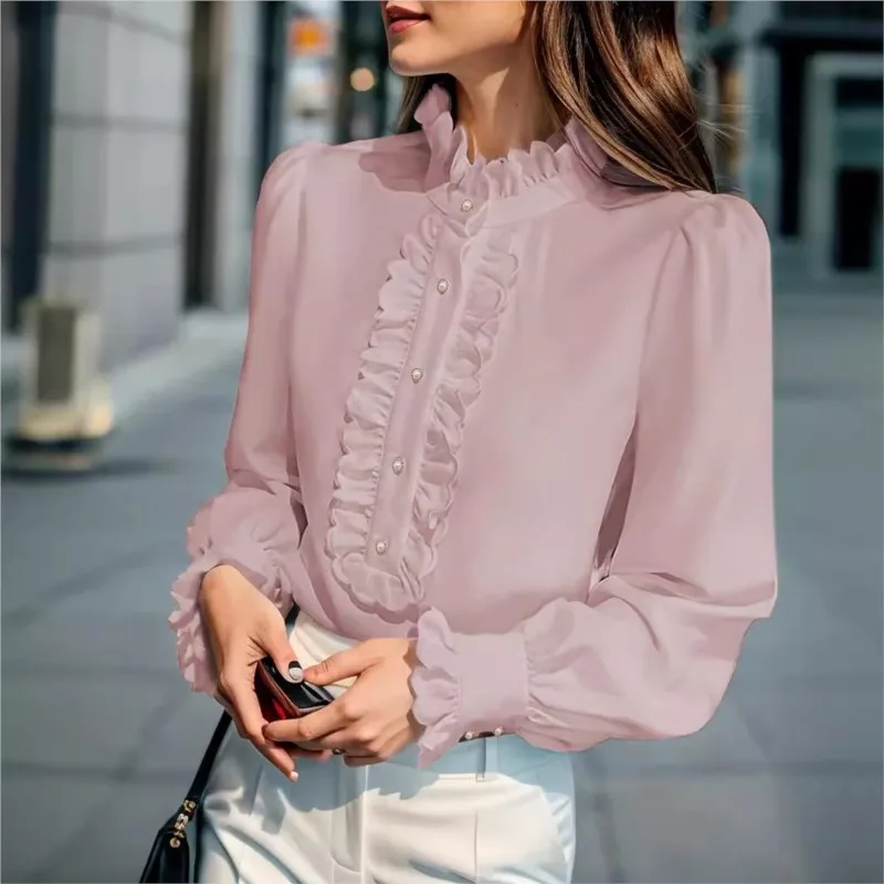 

New Long Sleeve Ruffled Women Shirts & Blouses Solid Color Tops Autumn Elegant Blusas Para Mujer Camisas Blusas