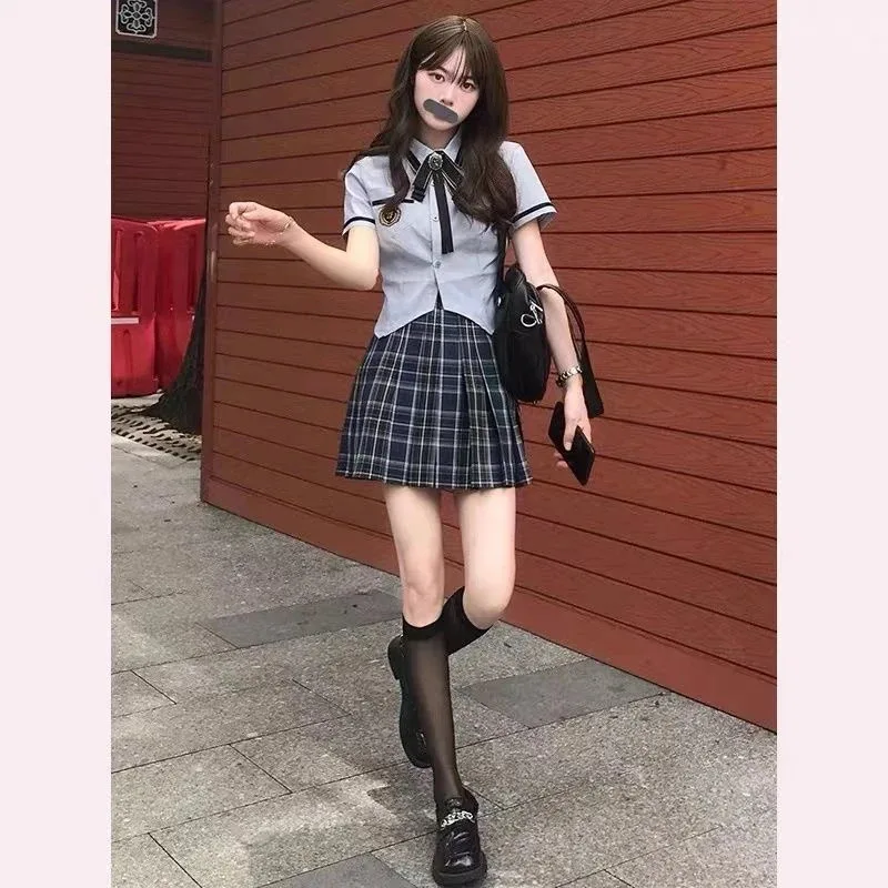 

COSda@Summer Short Sleeve Uniform Set Girls' Japanese and Korean Academy Style Two Piece Set Blue Shirt Black Plaid Skirt Shiny