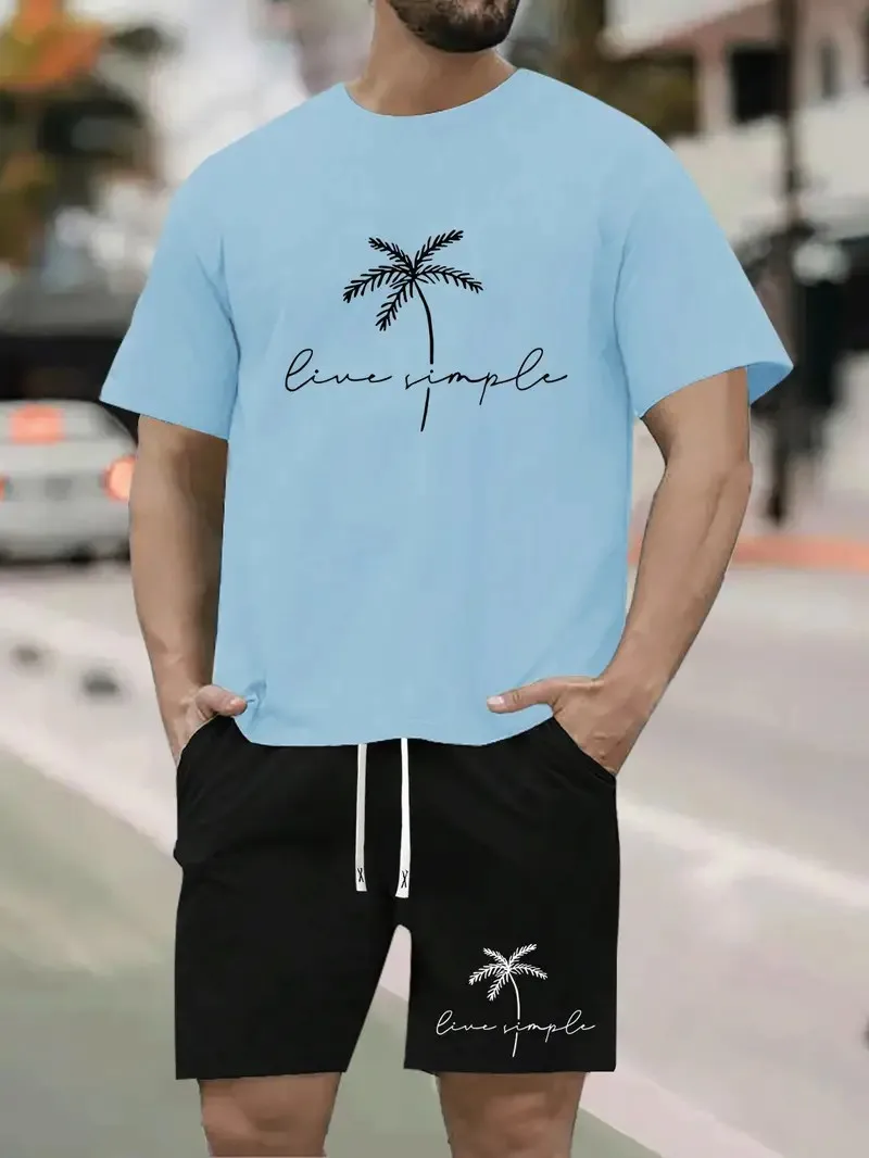 Men's sports suit, fashionable coconut tree print set, Hawaiian vacation round neck short sleeved T-shirt, men's drawstring pock