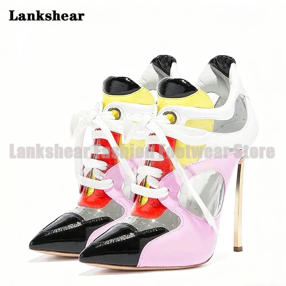 الذهبي شفرة كعب متعدد الألوان مضخات النساء أحذية الصيف أشار تو بولي كلوريد الفينيل المرقعة حذاء من الجلد أحدث Sandalias De Mujer Verano #4