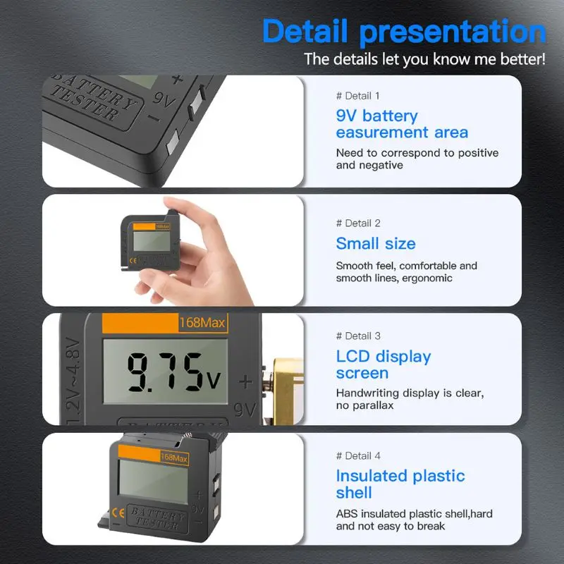 168Max Battery Tester Digital Lithium Battery Tester Suitable for AA AAA Button Battery Universal Battery Checker