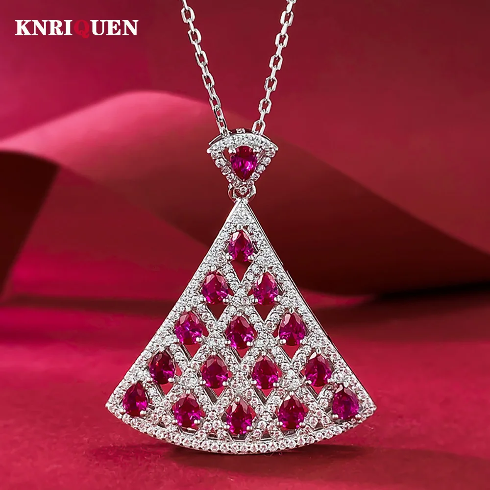 

Retro Luxury 925 Sterling Blood Ruby Skirt Pendant Necklace for Women Lab Diamond Cocktail Party Fine Jewelry Gift Accessories