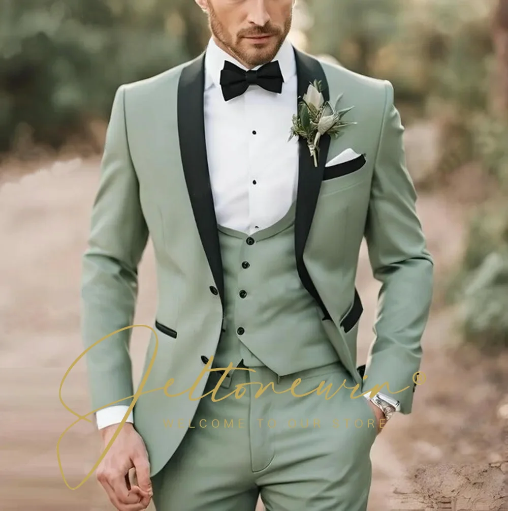 

Light Green Men Suits 3 Pieces for Wedding Shawl Lapel Slim Fit Suit Elegant Tuxedos for Wedding Party (Blazer+Vest+Pants)