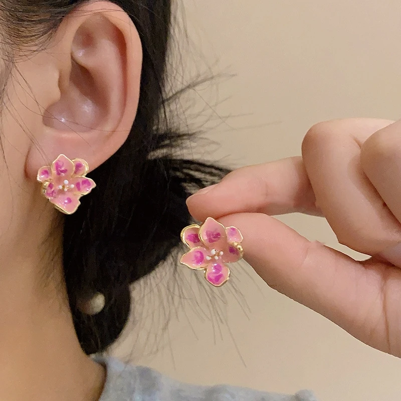 pink floral women's small earrings sweet flower petals korean fashion ear jewelry lrregular mini plant element ear studs