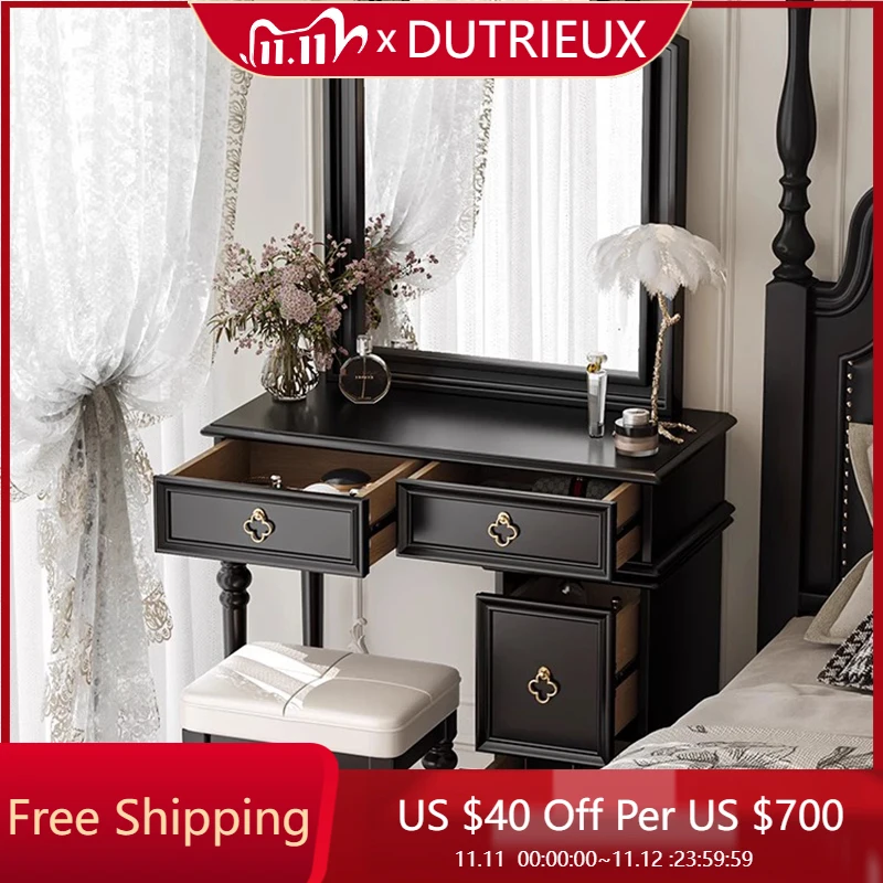 

Bedroom Black Vanity Table Luxury Makeup Drawers Mirror Closets Women Dressing Table European Vintage Vestidores Home Furniture