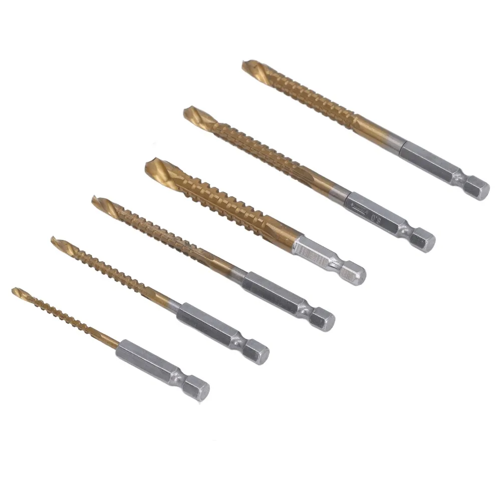 6pcs 3-8mm Sizes Twist Drill Bit Set 1/4in Hex Shank 135 Degree Split Point Hex Shank Drill Bits Ti Coated HSS