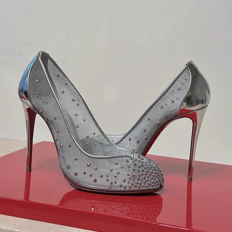 

Women Mesh Rhinestone Wedding Shoes for Woman's High heeled Thin Heels Splitting Toes Summer Pumps Elegant Ladies Party Sandals