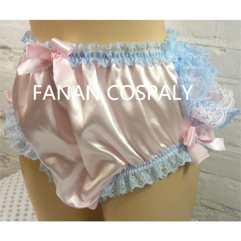 Adult Giant Baby Sexy Girl Pink Thin Satin Bow Blue Lace Edge Sissy Short Skirt Pants Maid Role Playing Gothic Customization