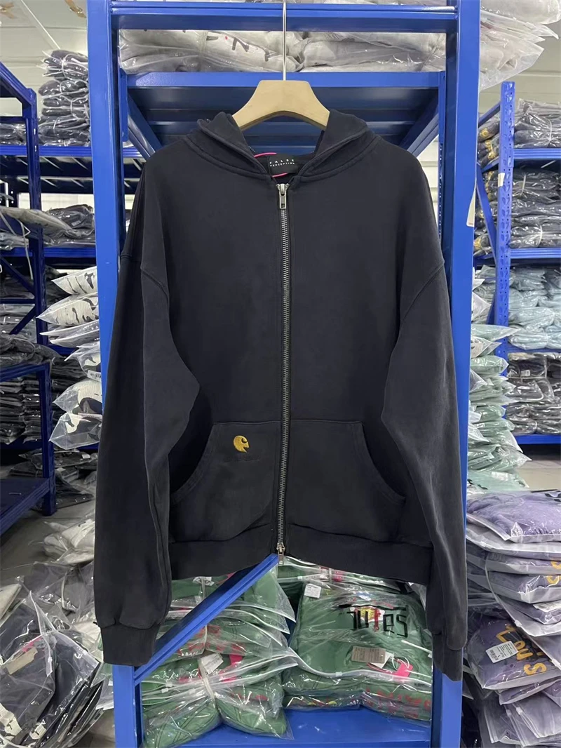 

Thickened Autumn Winter False 25SS Weird Zipper Solid Color Washed Hoodie Vintage High Street Casual Oversize Hip Hop Cotton