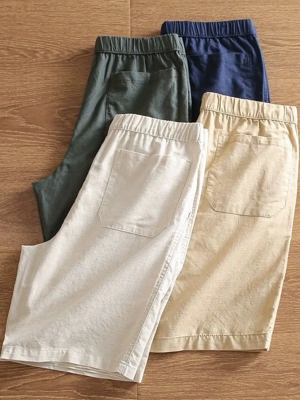 

Loose Cotton Linen Drawstring Shorts Men Slimming Beach Pants Versatile Thin Ice Silk Breathable Five-Quarter Length Pants