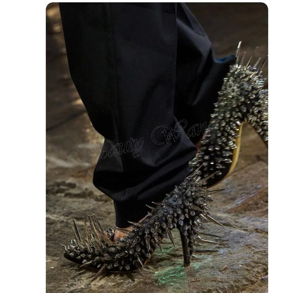 

Black Multi Rivet Decor Pumps Pointed Toe Shoes Spike Heel Solid Shoes for Women Shoes 2025 Zapatos Para Mujere