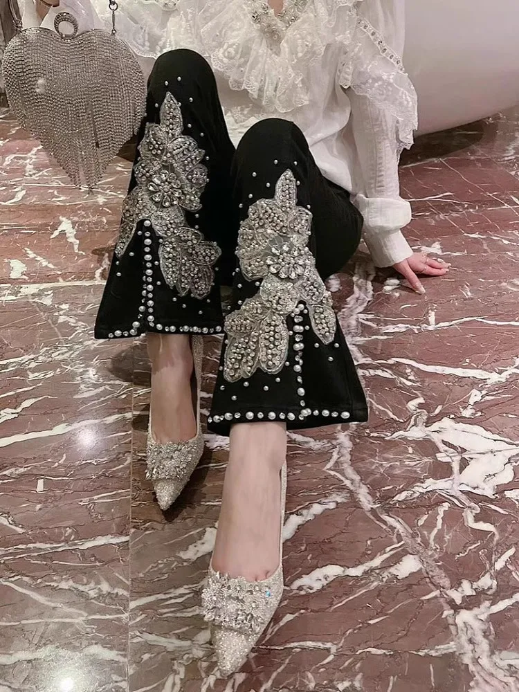 Women High Waist Jeans Floral Embroidery Nailed Bead Inlaid Diamond Pearls Split Denim Micro Flared Pants Cowboy Trouser Female