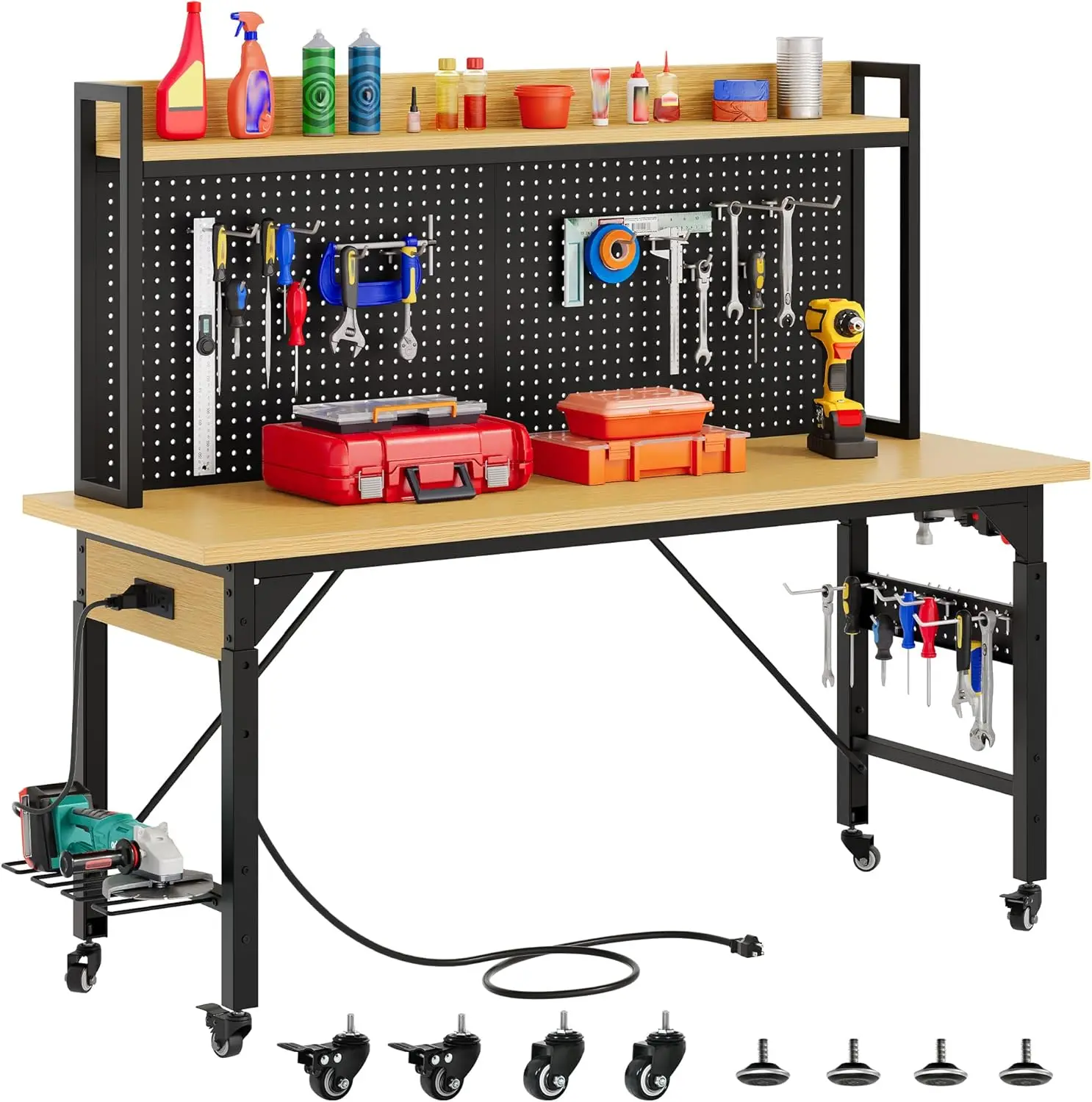 

60" Adjustable Workbench with Pegboard, Heavy Duty Wood Top, Wheels, 1600 LBS Capacity, AC/USB Outlet for Garage Workshop