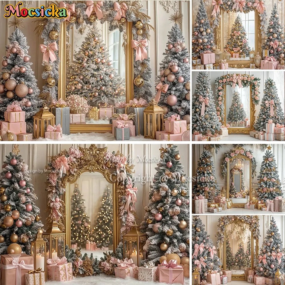 Mocsicka Золотая Рождественская фоторамка фон для фотосъемки рождественская елка подарок розовый цветок бант фон зимняя детская фотостудия для девочек
