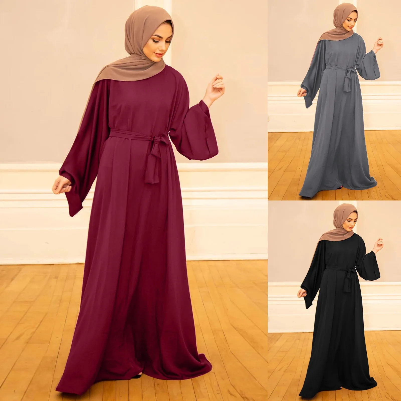 

Women's Muslim Dress Simple Style Moroccan Kaftan Turkey Solid Color Gulf Abayas Islamic Women Long Dress Saudi Robe Ramadan