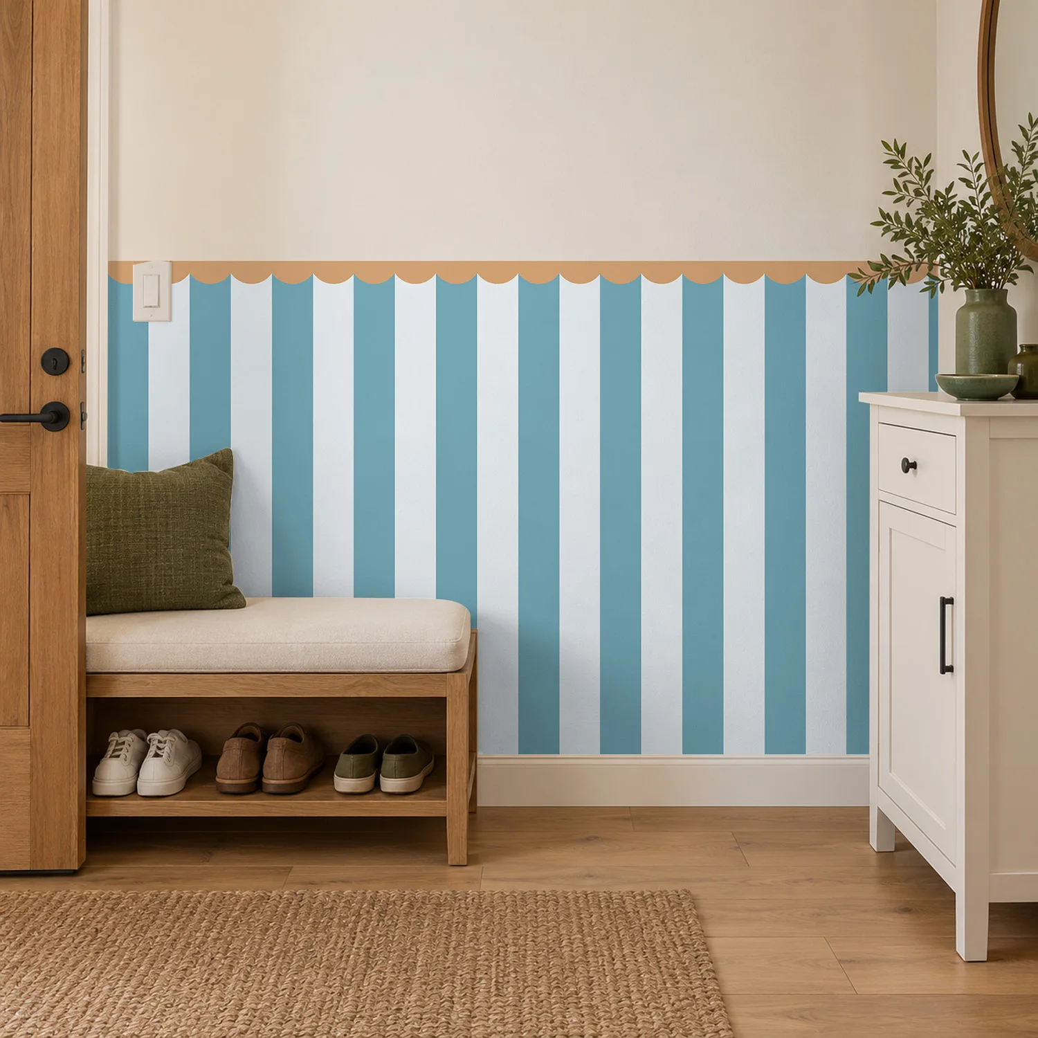Wavy Edge Striped Wall Sticker, Dusty Blue White, 17.72 x 35.43 Inch, Removable Adhesive, for Entryway Hallway