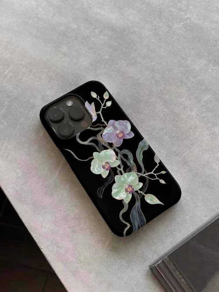 أنيقة نمط الأوركيد خلفية سوداء الفنية قضية الهاتف آيفون 17 16 15 14 11 12 13 برو ماكس الهواء زائد الغطاء الخلفي #3
