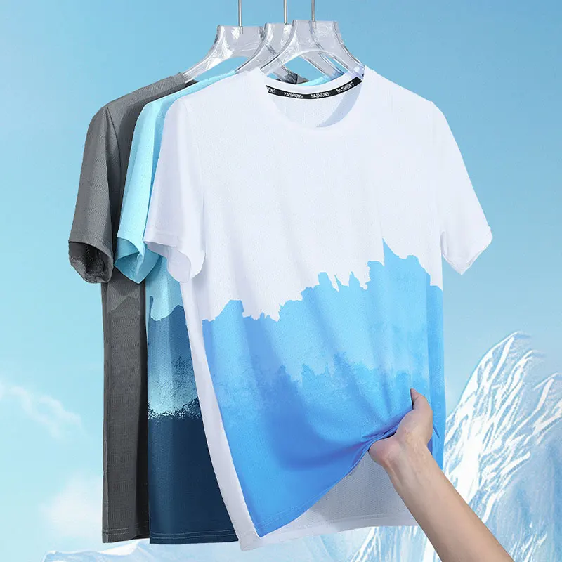 

Men's Ice Silk T-shirt Running Short Sleeves Summer Trendy Brand Gradient Speed Dry Mesh Breathable Half Sleeve Summer Wear