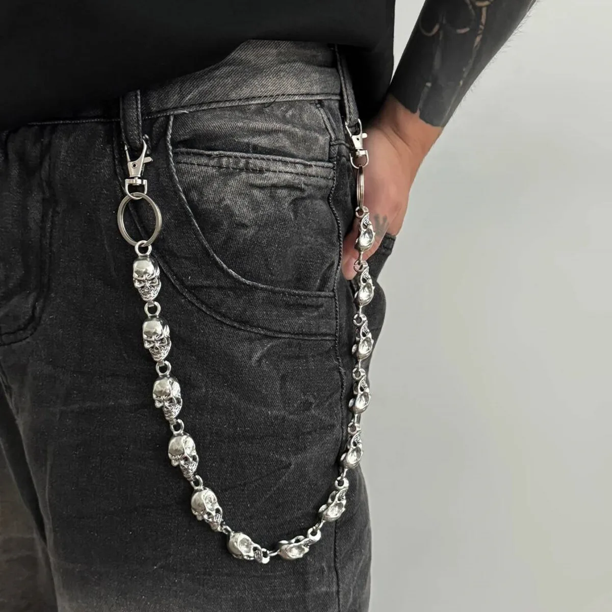 KunJoe Goth Punk Schädel Kopf Metall Hosen Hipster Hose Kette Für Männer HipHop Brieftasche Gürtel Kette Schlüsselbund Halloween Zubehör