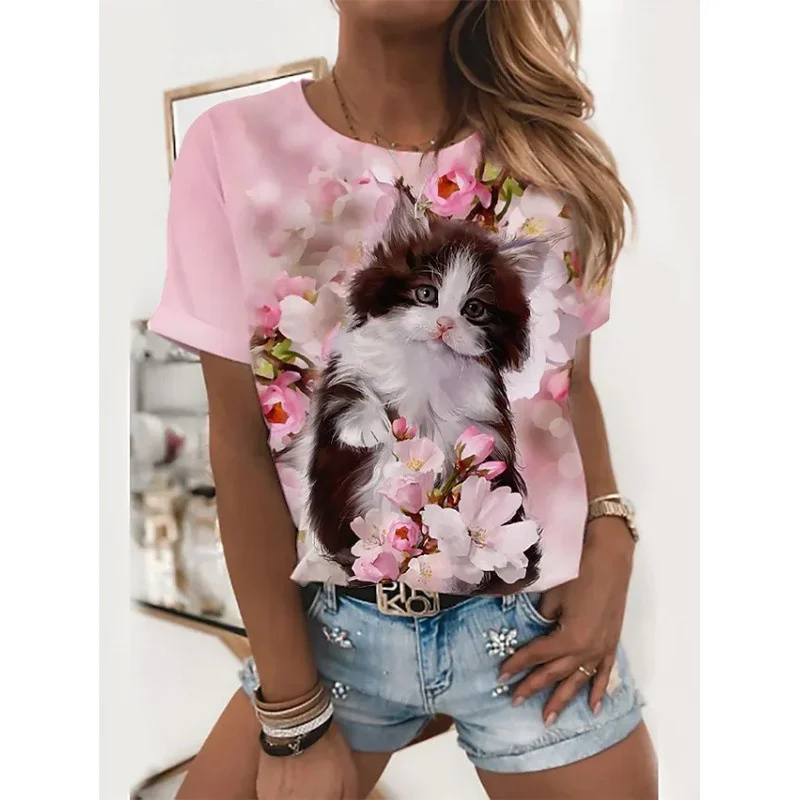 T-shirt con motivo floreale girasole per donna T-shirt con stampa 3D animale gatto T-shirt oversize moda maniche corte girocollo top